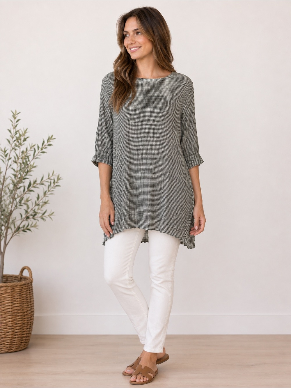 Cut Loose Gingham / Mini Check Crinkle A line Tunic Medium Lagenlook Relaxed